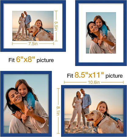 Vittanly 8.5x11 Picture Frames Set of 4, Display Pictures 6x8 with Mat or 8.5x11 without Mat, Gallery Wall Frame Set for Wall Mounting, Engineered Wood with Shatter Resistant Plexiglass, Royal Blue