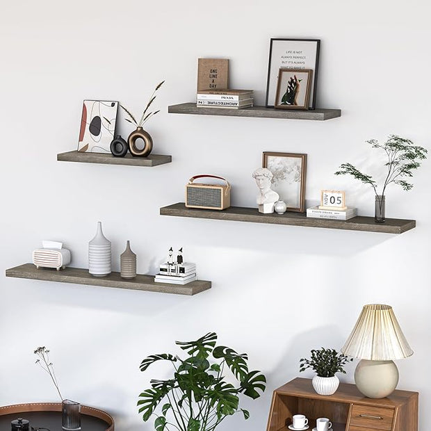 Fun Memories Floating Shelves for Wall, 55"x9.3" Rustic Solid Elm Wood Shelves, Heavy-Duty Wall Mounted Shelves with Invisible Brackets for Living Room, Bedroom, Kitchen, Grey Finish