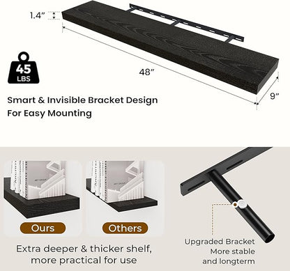 Dreamland 48 Inch Long Floating Shelves in Black,9.3 Inch Deep Floating Shelf for Wall,Large Display & Storage Shelf, Wall Shelf for Bathroom Bedroom Living Room Kitchen Office，Set of 2