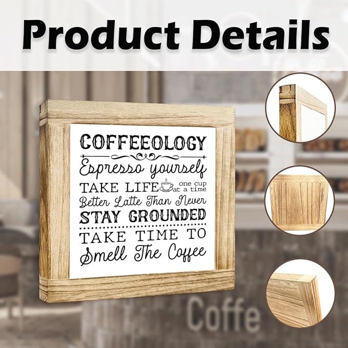 Coffees Decor Sign Coffeeology Wood Decoration Sign Farmhouse Cafe Signs Funny Coffee Bar Accessories Wall Decor for Kitchen Home Office Bar Coffees Lover Gifts for Women Men 5.9x5.9 Inch