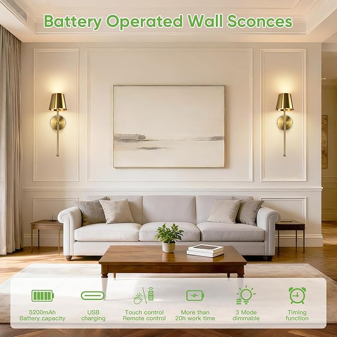 Kimjo Battery Operated Wall Sconce Set of 2, Rechargeable Wireless Wall Sconces Light with Dimmable Timer Remote, 5200mAh Gold Cordless Wall Light for Bedroom Living Room Hallway Decor