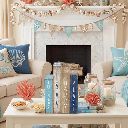 4 Pcs Summer Table Decoration Wooden Book Coastal Beach Decoration Blue and White Summer Tiered Tray Decor Wood Book Signs Farmhouse for Ocean Party Home Shelf Coffee Table