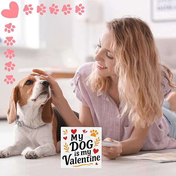 Valentines Cat Dog Desk Decor, Valentine's Day Gifts for Cats Dogs Lover Pet Parent, Home Office Table Sign Decoration for Shelf Tiered Tray, My Dog Is My Valentine