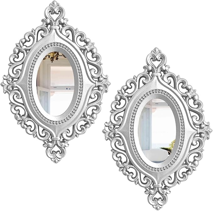 Cityelf 2 Set Oval Wood Carved Wall Mirror Baroque 3D Relief Rustic Home Decor Small Decorative Hanging Mirrors for Living Room, Bedroom Entrance Wall Sculpture