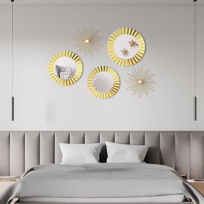 5 Pack Gold Metal Mirrors for Wall Gold Starburst Sunburst Wall Decor Set Metal Round Mirrors Decor Hanging Art Circle for Living Room Bathroom Bedroom Modern Decorative Gifts