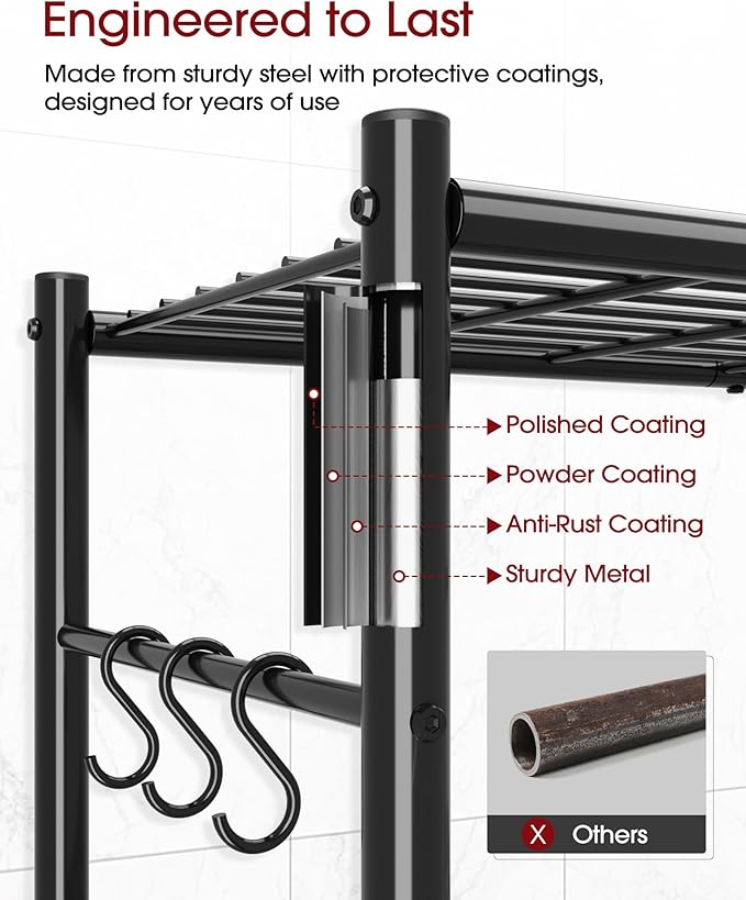 Storage Shelves - 4-Tier Spacious Shelf Organizer with Hooks & Leveling Feet, Easy to Assemble, Rust-Resistant Garage Shelving for Kitchen, Pantry, Bedroom, 33.2" x 12.7" x 57.3", Black