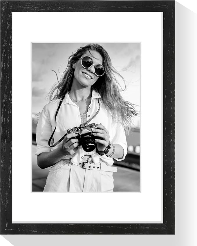 puthiac 9x12 Solid Oak Wood Picture Frame, Fits 6x8 with Mat or 9x12 Without Mat, Wall or Tabletop Display with Stand, Vertical or Horizontal, Plexi Front, 1 Pack, Black