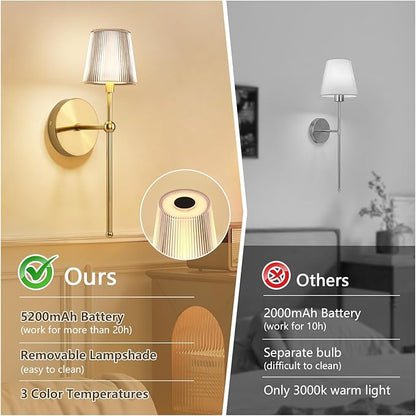 Kimjo Battery Operated Wall Sconce Set of 2, 5200mAh Rechargeable Wireless Wall Sconces Lights with Dimmable Timer Remote, Cordless Gold Wall Light for Bedroom Living Room Hallway Decor