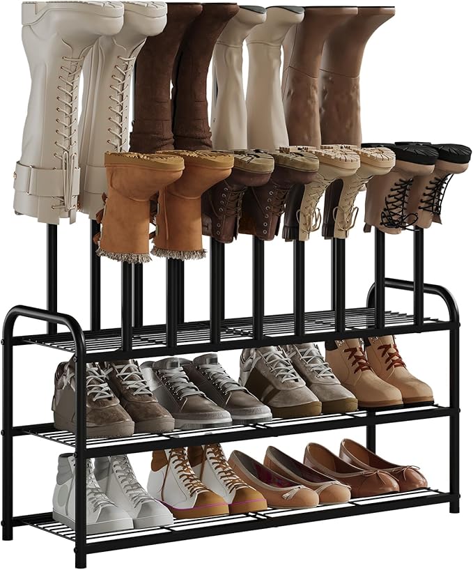 Shoe Rack - 3-Tier Metal Boot Rack Organizer for Entryway, Closet & Garage, Free Standing Shoe Shelf for Storage Tall Boots, Sneakers, Cowboy Boots, Black (Large - 8 Pairs)