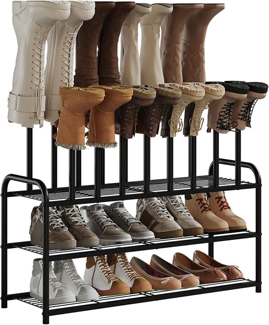 Shoe Rack - 3-Tier Metal Boot Rack Organizer for Entryway, Closet & Garage, Free Standing Shoe Shelf for Storage Tall Boots, Sneakers, Cowboy Boots, Black (Large - 8 Pairs)