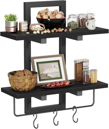 Floating Shelves, 15" Wall Shelf Set of 2, Hanging Bathroom Shelves 2-Tier, Wall Mounted Storage Shelves, for Living Room Bedroom Bathroom Kitchen Office Coffee Bar, Black