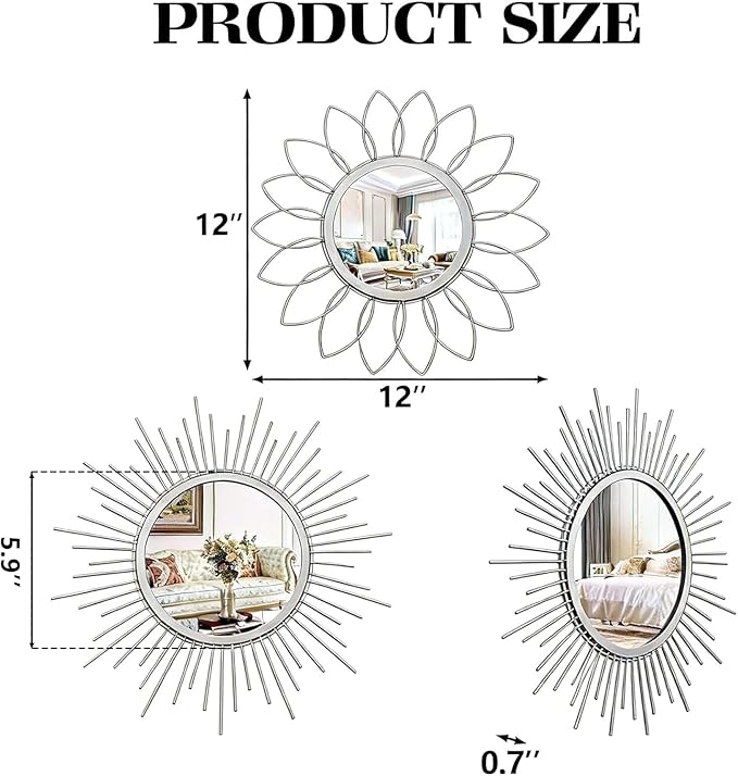 Boho Sunburst Wall Mirror Set of 3, 12 Inch Round Antique & Modern Metal Wall Art, Hanging Over The Door Mirrors for Wall Decor in Living Room, Bedroom, Bathroom, Entryway（Sliver）