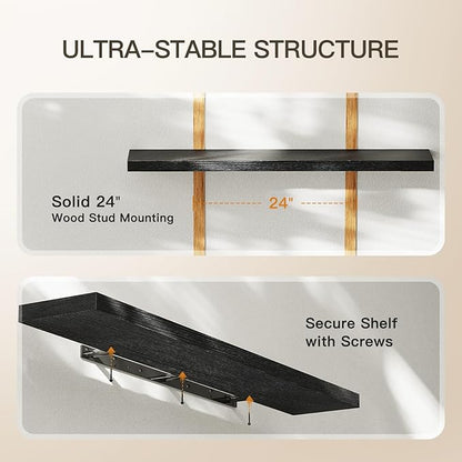 AMADA HOMEFURNISHING Floating Shelves Wall Mounted, 47 x 8 Inch Wall Shelves for Bathroom, Bedroom, Living Room, Black Shelves Set of 2