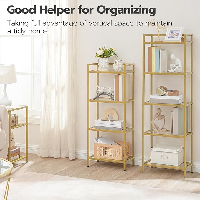 HOOBRO 5-Tier Gold Shelf, Narrow Book Shelf, Display Cabinet with Glass Bookcase, Corner Shelf Storage for Small Spaces, for Home Office, Living Room, Bedroom, Gold GD45SJ01