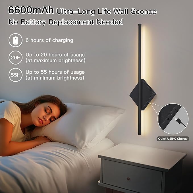 Battery Operated Wall Sconces Set of Two, Modern Sconces Wireless Cordless Rechargeable Light with Remote, Black Wall Lamp Dimmable Magnetic Home Decor for Bedroom Living Room Hallway Timing 23.6 Inch
