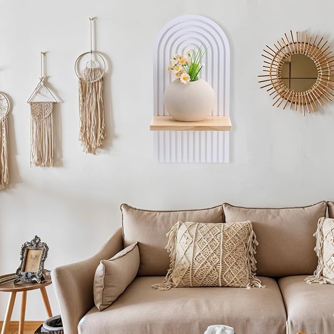 2 Pcs Wooden Boho Shelf Wall Decor, Bohemian Floating Shelves, White Arch Wall Shelves for Nursery Bedroom Living Room Mid Century Hanging Shelf