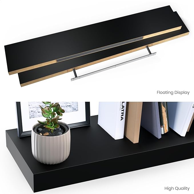 Ballucci Floating Shelves for Wall, 48" Wood Wall Shelf Set of 2, with Invisible Brackets for Bathroom, Living Room, Bedroom, Kitchen, Nursery, 8" Deep, Black