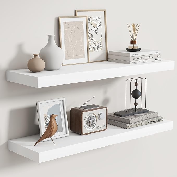 Fun Memories Rustic Floating Shelves for Home Decor, 8 Inch Deep Floating Shelf, Solid Wood Floating Wall Shelves 30 Inch Long, Deep Wall Shelves for Bathroom, Living Room, White Finsh, Set of 2