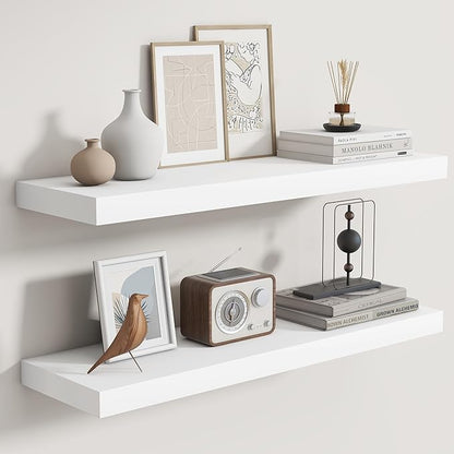 Fun Memories Rustic Floating Shelves for Home Decor, 8 Inch Deep Floating Shelf, Solid Wood Floating Wall Shelves 30 Inch Long, Deep Wall Shelves for Bathroom, Living Room, White Finsh, Set of 2