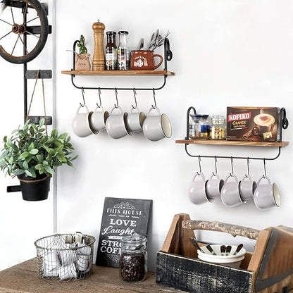 Olakee Floating Wall Shelves for Kitchen Bathroom Coffee Nook with 10 Adjustable Hooks for Mugs Cooking Utensils or Towel Rustic Storage Shelves Set of 2/17x5.9 inch (Carbonized Black)