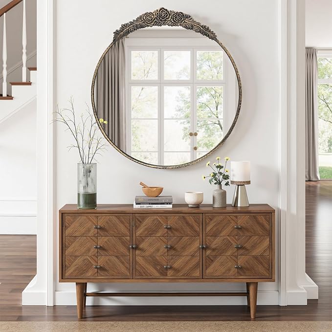 Growsun Round Wall Mirror with Vintage Black Floral Frame – 28 Inch Decorative Wall Mirror for Living Room, Bedroom, Entryway, Bathroom Vanity – Elegant Antique Accent Home Décor