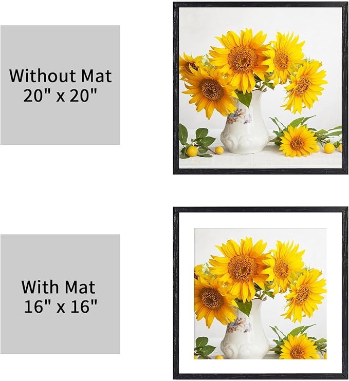 puthiac 20x20 Solid Oak Wood Picture Frame, Fits 16x16 with Mat or 20x20 Without Mat, Wall Display Only, Plexi Front, 1 Pack, Black