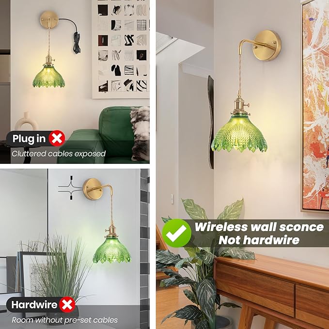 Battery Operated Wall Sconce Set of 2, Rechargeable Battery-Powered Wall Light with Green Glass Lampshade,Wireless Indoor Wall Lamp with Remote Control for Living Room Bedroom