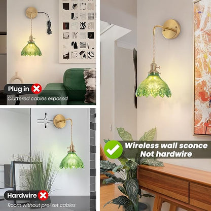 Battery Operated Wall Sconce Set of 2, Rechargeable Battery-Powered Wall Light with Green Glass Lampshade,Wireless Indoor Wall Lamp with Remote Control for Living Room Bedroom