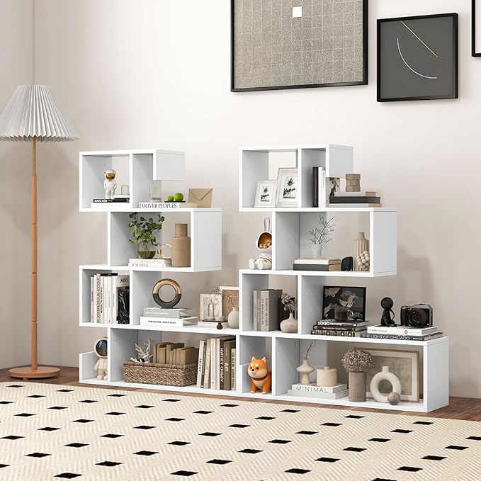 Giantex 5-Tier S-Shaped Bookshelf, Geometric Bookcase w/Open Cubes, Modern Decorative Display Shelf w/Anti-Toppling Kits, Freestanding Storage Rack for Living Room, Study, Home, Office (2, White)
