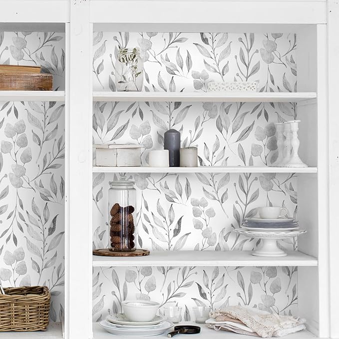 WENMER Gray Leaf Wallpaper Floral Peel and Stick Wallpaper 17.7