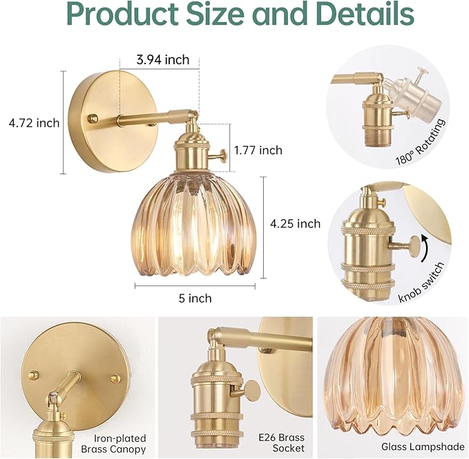 Vintage Wall Sconces Set of 2 with Amber Tulip Glass Lampshade 180 Degree Adjustable Brass Sconces Hradwired Modern Wall Lighting Fixture with Switch for Bedside Bedroom Doorway