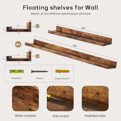 Merapi 6-Pack Floating Shelves for Wall, 36 Inch Long Modern Wood Shelves for Living Room, Bedroom, Bathroom & Kitchen Decor, Easy Installation Wall Mounted Storage Display Shelves