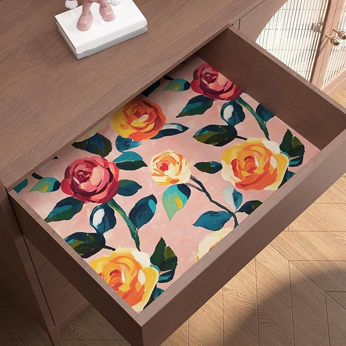 Pink Floral Wallpaper Peel and Stick, Watercolor Orange/Yellow Rose Contact Paper 17.5" x 118", Boho Wall Paper Self Adhesive Waterproof Removable for Girl Bedroom Shelves Cabinet Drawer Table Decor
