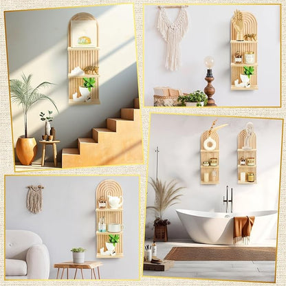 Geetery 2 Pcs Boho Wall Shelf Arch Wooden Floating Shelves Mid Century Rainbow Wall Shelf Hanging Holder Double Vintage Mount Altar Decor for Nursery Bedroom(3 Tier)