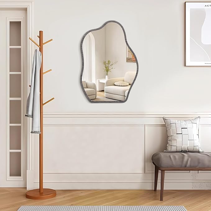 Irregular Wood Frame Asymmetrical Wall Mirror - Modern Unique Cloud Wall Mirror - Decorative Vanity Bathroom Living Room Bedroom Entryway Hallway Artistic Mirror - 26"x18"