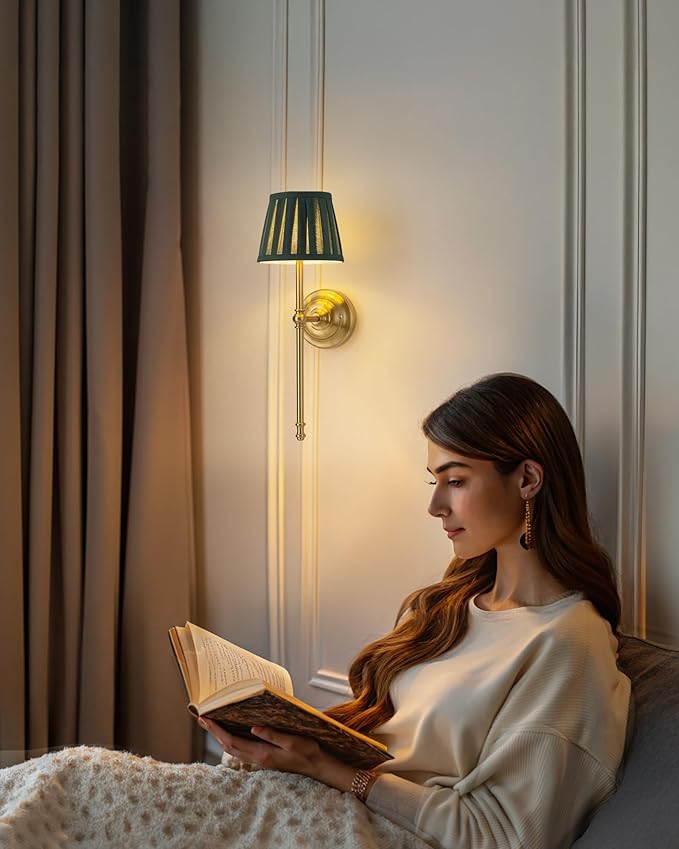 KDG Cordless Wall Sconces Set of 2, Small Wireless 5200mAh Rechargeable Battery Fabric LED Wall Lamps, Portables Lightings for Wall Painting, Living Room, Bedroom, Hallway, Gifts, Night Light (Green)