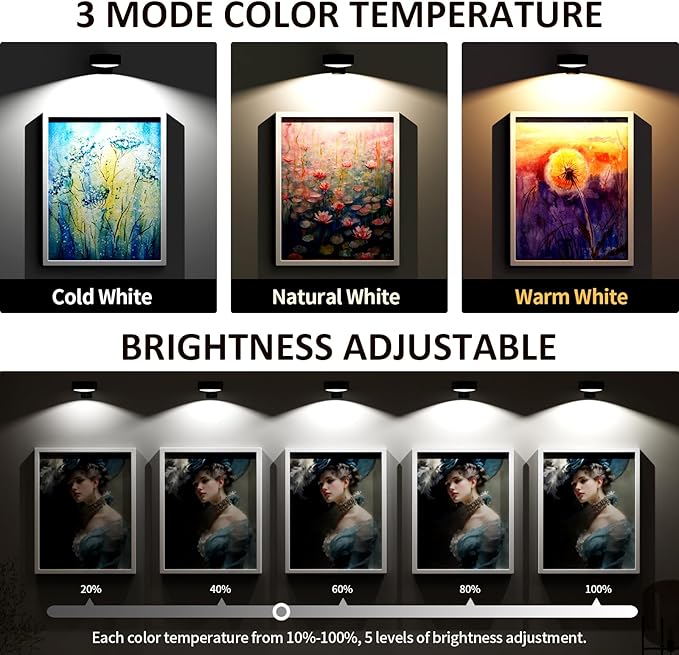 3-Pack Battery Operated Picture Light Magnetic Painting Light with 3 Lighting Modes,Remote and Dimmable Timer Art Display Light for Picture Artworking Frame Portrait and Wall Decor (Black)