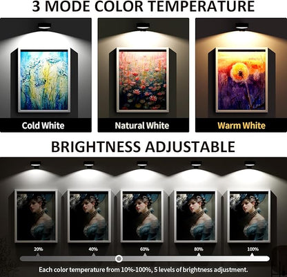 3-Pack Picture & Poster Lights for Wall, Rechargeable Battery Magnetic with Remote Dimmable 3-Color Temps & Timer, LED Art Display Lighting for Paintings, Frames & Wall Art Decor (Black)