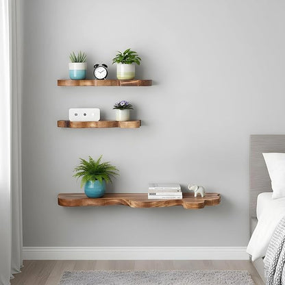 3 Sets Small Floating Shelves for Wall,3 Size Live Edge Wooden Shelf Cloud Farmhouse Vintage Wall Decor with Metal Bracket for Living Room Bedroom(Brown)