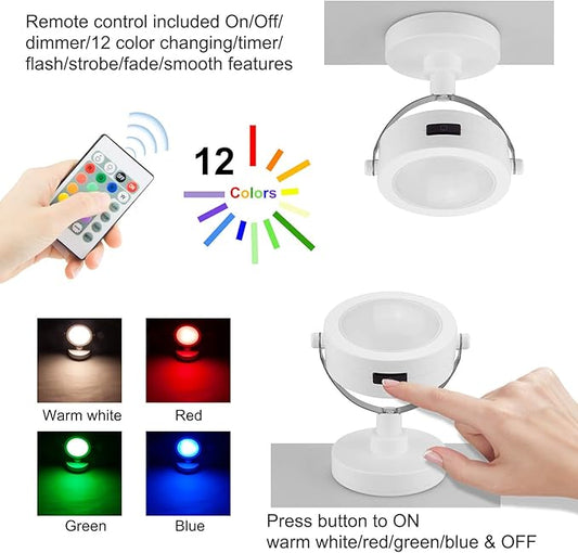 Accent Lights with Remote, Cordless LED Puck Lights - 2 Pack with 12 Color Changing Display, 360 Rotate Head - Uplight for Painting, Picture Artwork & Dartboard