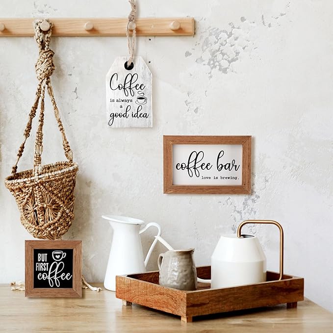 3 Pieces Coffee Bar Decor Sign But First Coffee Wood Sign Mini Farmhouse Wall Rustic Wooden Art Plaque Bar Tabletop Shelf Accessories for Tier Tray Decor Home Office Kitchen