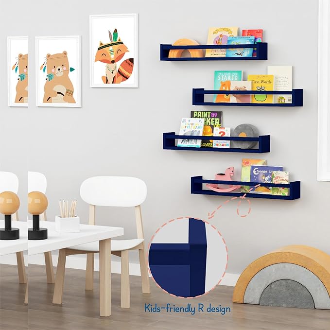 Forbena Wall Book Shelf Organizer for Kids Room Set of 4, Large Floating Book Shelves for Boy Nursery Wall Deocr, 24 Inches Wall Mount Bookshelf for Toddler Child Teen Boys Bedroom (Navy Blue)