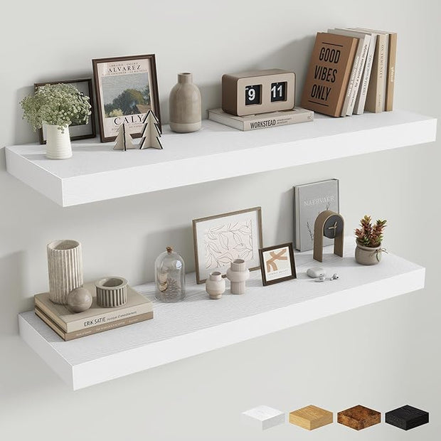 Fun Memories Floating Shelves for Wall, 40 Inch Floating Shelf for Home Decor, Wall Mounted Rustic Wood Shelves 12 Inch Deep, Hanging Deep Shelf for Bedroom, Living Room, Kitchen, White, Set of 2