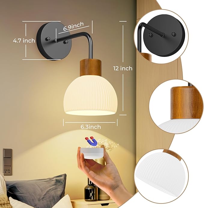 Glass Battery Operated Wall Sconces Set of 2, Rechargeable Wall Lamp with Remote, 12 Colors Dimmable Wireless Sconces Wall Decor Set of 2 with Timer for Bedroom Living Room (Black, 2 Pack)