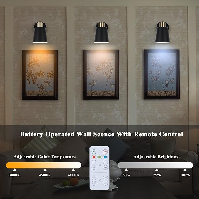 Battery Operated Wall Sconce Set of Two, Black and Gold Modern with Remote Control Dimmable Wall Lighting Indoor, Not Hardwired Led Wall Lamp Fixtures for Bedroom, Bulb Included