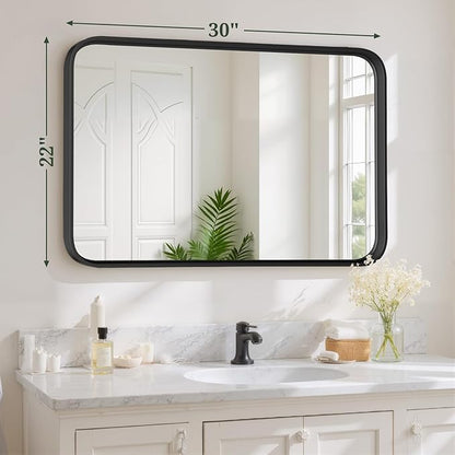 Bathroom Mirror 30x22 Inch Black Metal Frame Rectangle Vanity Mirror with Rounded Corners, Modern Wall Mounted Anti-Rust Mirror for Farmhouse, Restroom, Entryway, Horizontal or Vertical Hanging