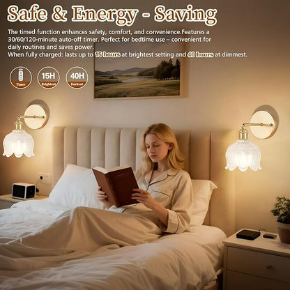 Vintage Battery Wall Sconce with Flower lampshade,Rechargeable Battery Powered Wall Lights,Wall lamp with 15 Colors for Bedroom Living Room Home Decor (Flower White, 2 Light Battery Operated)