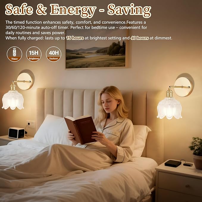 Vintage Battery Wall Sconce with Flower lampshade,Rechargeable Battery Powered Wall Lights,Wall lamp with 15 Colors for Bedroom Living Room Home Decor (Flower White, 2 Light Battery Operated)