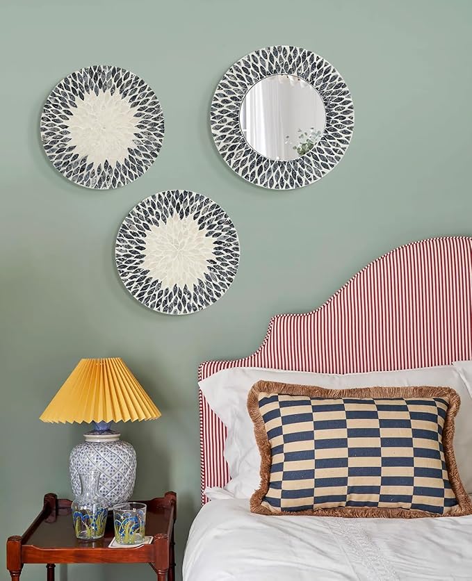Natural Mother of Pearl Mirror Wall Decor for Bedroom Bathroom, 3PCS Geometric Wall Art Modern Home Office, Handmade Mosaic Art Circle Sculptures for Kitchen Living Dining Room (Black White)