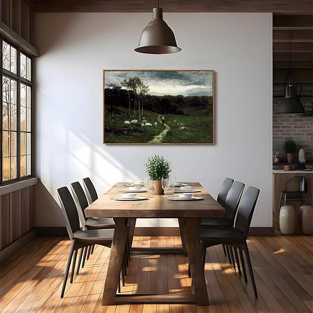 OIQArtOIQ Framed Vintage Landscape Wall Art Shepherd Natural Scenery Oil Painting Canvas Prints Country Farmhouse Aesthetic Fall Decor Pictures for Kitchen Bedroom Living Room Bathroom